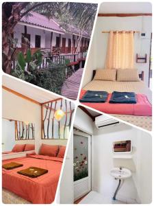 a collage of four pictures of a bedroom at สบายคันทรีรีสอร์ท ปากเมงSa-buy country resort Pak Meng in Sikao