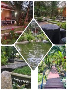 Un collage de fotografías de un parque con un estanque. en สบายคันทรีรีสอร์ท ปากเมงSa-buy country resort Pak Meng, en Sikao