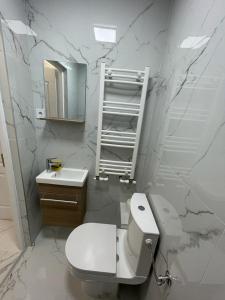 y baño con aseo, lavabo y espejo. en Apartament in zona centrala., en Hunedoara