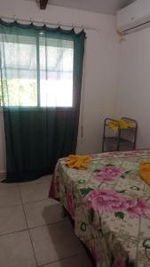 ein Schlafzimmer mit einem Bett mit einem grünen Vorhang und einem Fenster in der Unterkunft Villa Caracas in Lamentin