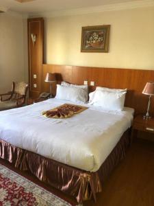 Emmad Furnished Hotel في أديس أبابا: سرير كبير في غرفة الفندق مع روب عليه