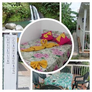 eine Collage mit Bildern eines Bettes mit einem Wasserfall in der Unterkunft Villa Caracas in Lamentin