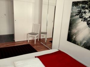 um quarto com uma cama, uma cadeira e um espelho em Wohnung 2 Ensingerstrtaße em Ulm