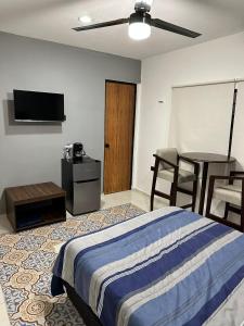 1 dormitorio con cama, mesa y TV en Apartamentos 31 en Progreso