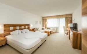 een hotelkamer met een groot bed en een televisie bij Residenze Mathilda in Silandro