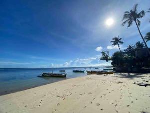 a beach with boats in the water and palm trees at Angelito's Beach House 4 bedroom in General Luna