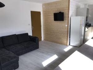 a living room with a couch and a refrigerator at appartement 6 places station super besse in Besse-et-Saint-Anastaise