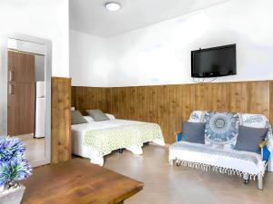 1 dormitorio con 1 cama y TV en la pared en Estudios con Aire Acondicionado Centro de conil, en Conil de la Frontera