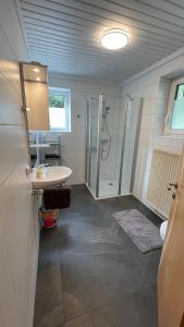 La salle de bains est pourvue d'une douche, d'un lavabo et d'un miroir. dans l'établissement Ferienhaus Martinz, 