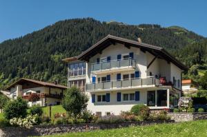 une maison avec une montagne en arrière-plan dans l'établissement Appartement Zint, à Sankt Gallenkirch