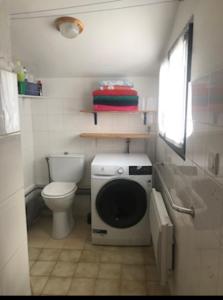 a small bathroom with a toilet and a washing machine at Maison de pêcheur proche du bourg in Ile aux Moines