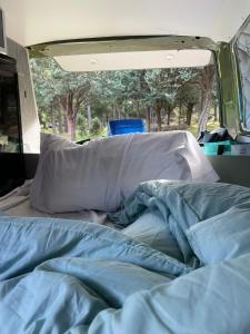 a bed in the back of a camper with blue sheets at Camper en Guadarrama in Manzanares el Real