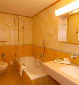 ein Badezimmer mit einer Dusche, einer Badewanne und einem Waschbecken in der Unterkunft B & B Hôtel Aux Mille Etoiles in Les Marécottes