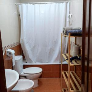 e bagno con servizi igienici e tenda per la doccia. di Apartamento Cruces a El Puerto de Santa María