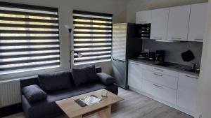 フライベルクにあるFerienwohnung Teichblickのソファとテーブルのあるリビングルーム