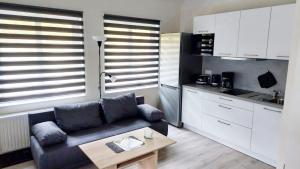 フライベルクにあるFerienwohnung Teichblickのソファとテーブルのあるリビングルーム