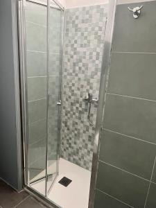 a shower with a glass door in a bathroom at Casa vacanze al castello in Zafferana Etnea
