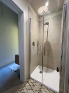 um chuveiro com uma porta de vidro na casa de banho em Realkasa Charming Luxury Apt. em Bolonha