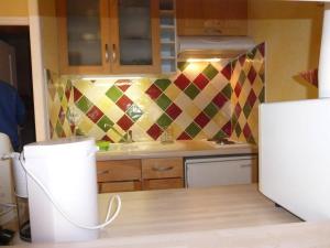 una cucina con piano di lavoro e frigorifero di Studio PRALOUP 4 couchages Sapinière 126 a Pra-Loup