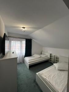 een hotelkamer met 2 bedden en een televisie bij Casa Bujor de Munte Dragoslavele in Dragoslavele
