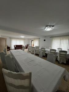 een kamer met een lange tafel en stoelen bij Casa Bujor de Munte Dragoslavele in Dragoslavele