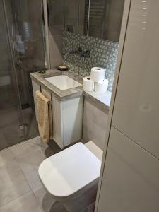 een badkamer met een toilet, een wastafel en een douche bij Rigel Rooms in Piotrków Trybunalski