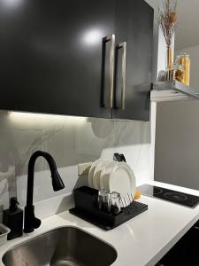 a kitchen counter with a sink and a drying rack with dishes at Prime Posh Downtown Condo in Manila