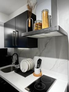 a kitchen with a sink and a counter top at Prime Posh Downtown Condo in Manila