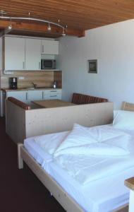 a large bed in a room with a kitchen at Kronplatz Mountain Lodge in Brunico