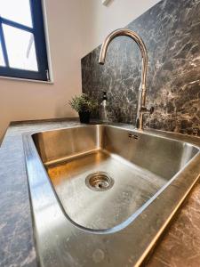 een roestvrijstalen aanrecht met een kraan bij Villa Saint Jacques , Duplex Les Galets in Le Tréport +59 foto's