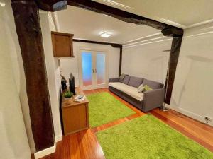 a living room with a couch and a green rug at Andra Mari Etxea - Apartamento en parte antigua in Bermeo