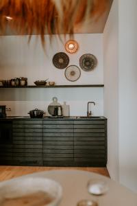 kuchnia z blatem z płytami na ścianie w obiekcie Suite O w Ostendzie
