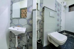 2 immagini di un bagno con servizi igienici e lavandino di Hotel Golden Palace Lodging and Boarding a Thane