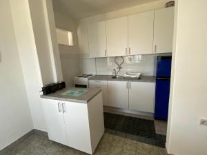 a small kitchen with white cabinets and a blue refrigerator at Apartments Gaspar in Podaca
