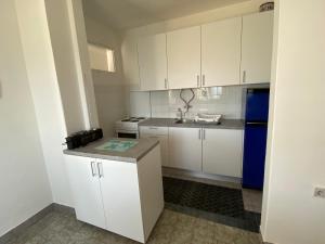 a small kitchen with white cabinets and a blue refrigerator at Apartments Gaspar in Podaca +27 photos