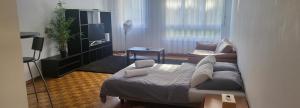 Aparta hotel DAJAS في لوزان: غرفة معيشة مع سرير وأريكة