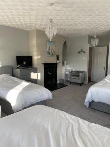 a bedroom with two beds and a television and a fireplace at New Lisnagalt Lodge in Coleraine