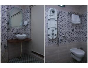 twee foto's van een badkamer met toilet en wastafel bij Hotel Swasti Deep, Tripura in Agartala