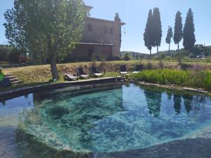 a swimming pool with chairs and a house in the background at Villa Eleonora in Lucignano
