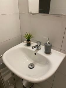 a white sink in a bathroom with a plant on it at Apartmány Kladno - Libušín in Kladno