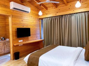 Villament Resort, Karjat في كارجات: غرفة نوم بسرير وتلفزيون بشاشة مسطحة