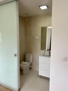 ein Badezimmer mit Toilette, Waschbecken und Spiegel in der Unterkunft Apartagal-A Corredoira in Foz + 31 Fotos