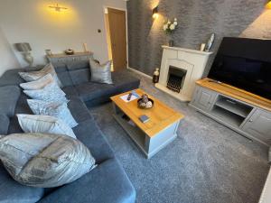 a living room with a blue couch and a television at lodge in the heart of Bourne in Lincolnshire