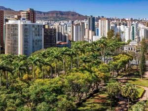 un paisaje urbano con palmeras frente a una ciudad en ibis Belo Horizonte Liberdade, en Belo Horizonte