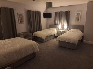 a hotel room with two beds and a television at New Lisnagalt Lodge in Coleraine