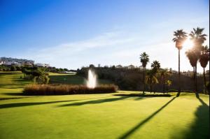vista su un campo da golf con palme di La Terraza del Campo de golf Playa Piscina y parking gratuito a Torre de Benagalbón