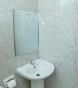 een badkamer met een wastafel en een spiegel bij Serenity Getaway STUDIO apartment near JKIA & SGR with KING BED, WIFI, NETFLIX and SECURE PARKING in Syokimau