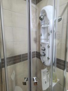 ducha con puerta de cristal junto a un aseo en Casa económica Madrid, en Leganés