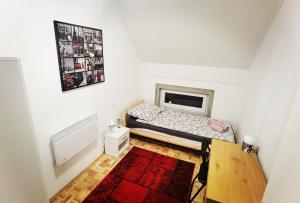 małą sypialnię z łóżkiem i czerwonym dywanem w obiekcie Privatni Smještaj Harmony w mieście Osijek