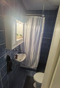 a blue tiled bathroom with a sink and a toilet at Privatni Smještaj Harmony in Osijek